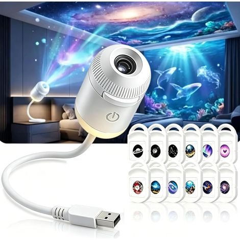 HD Smart Dynamic 5D Veilleuse holographique Plug and Play 2 en 1 Projecteur galaxie étoile et océan avec 24 films, rotation à 360° USB pour décoration de chambre à coucher, 12 films (1/5)