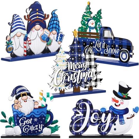 Juego de decoración de mesa navideña de madera de 5 piezas, bandeja de varios niveles azul y blanca para las fiestas de invierno. (1/5)