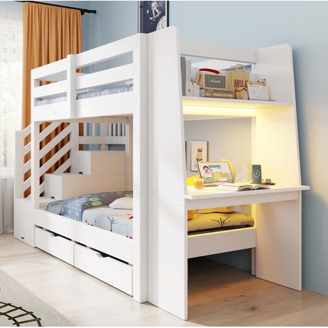 Litera infantil 90x200 cm de madera blanca con escritorio, ahorra espacio, sin colchón (1/5)