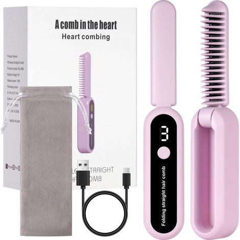 Brosse Lissante Cheveux, Mini et Pliable Lisseur Cheveux Brosse Rapide Des, Lisseur Chauffant Peigne À Cheveux Lisseur Barbe Homme, 9 Températures Réglables, Portable, Chauffage Rapide (1/5)