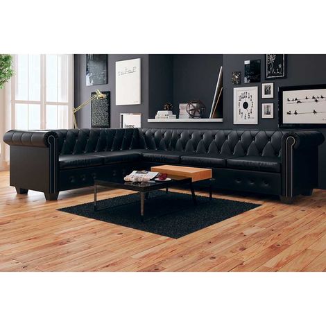 vidaXL Divano angolare Chesterfield 6 posti in pelle sintetica nera (1/2)