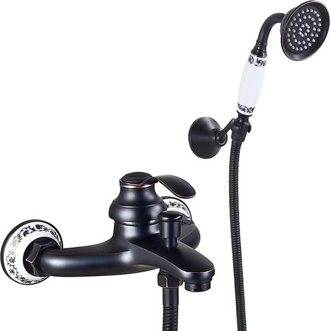 Robinet de Baignoire Rétro avec Douchette à Main, Mitigeur de Douche Robinetterie de Bain Monocommande Mural en Laiton pour salle de bain Nostalgie, Noir