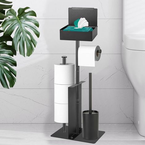 Porte-Papier Toilette Debout en Acier Inoxydable avec Brosse WC, Noir Set Porte-Papier et Brosse de Toilette en avec Boîte à lingettes Humides (Noir) (1/5)