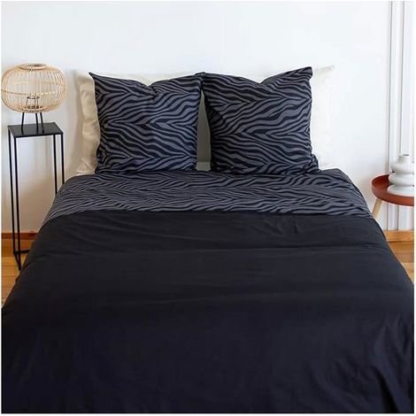Parure de lit - COTE DECO - 220x240 cm - Housse de couette zèbre réversible - 2 taies 63x63 cm - 100% Coton Noir