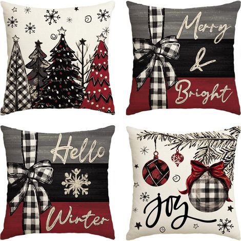 Housse de coussin rouge de Noël, 45 x 45 cm, taie décorative pour canapé et fauteuil, lot de 4, motif sapin et joie des fêtes, idéale pour l'hiver (1/5)