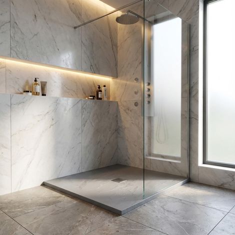 Piatto doccia in resina colore cemento 90x90 cm con griglia e piletta – Showey