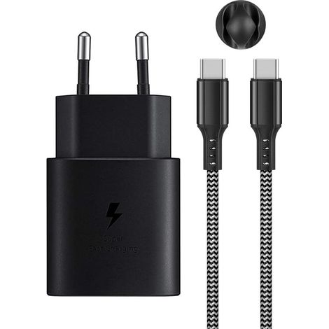 25-W-USB-C-PD3.0-Schnellladegerät für Galaxy S25/S24/S23/S22/S21/S20 Ultra/S10e/Z Flip 6/Z Fold 6 5G/S20 FE/Note 20/10/9/S10/S9/S8/iPad Pro 12.9, mit 2 m langem Nylon-Typ-C-Kabel (Schwarz) (1/5)