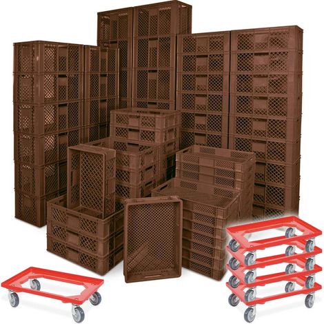 BRB 78 Stück Stapelkörbe/Bäckerkästen in 5 Größen, Grundmaß LxB 600x400 mm, H 90 mm, 150 mm, 240 mm, 320 mm, 410 mm, + 5x Transportroller rot (braun)