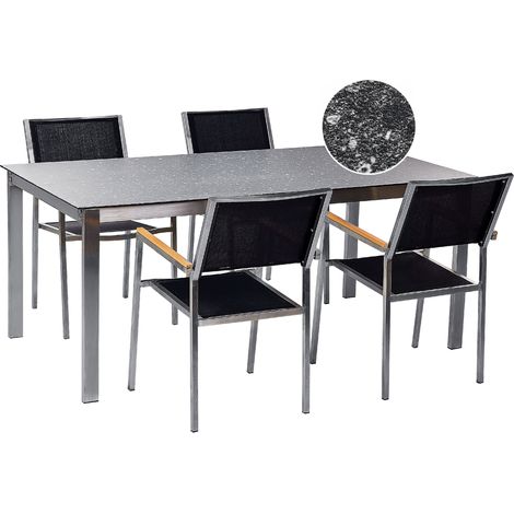 Conjunto de jardín moderno 4 plazas de acero inoxidable mesa comedor tablero de vidrio sillas de textileno efecto granito negro Cosoleto