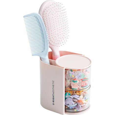 Organisateur de salle de bain rotatif rose, rangement pour cotons-tiges, cotons, accessoires cheveux et pinceaux de maquillage, boîte pratique pour coiffeuse (1/5)