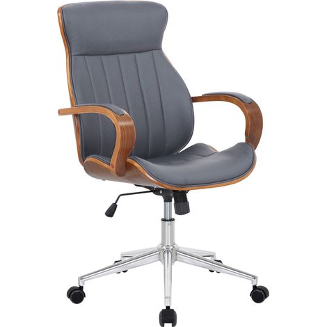 Fauteuil de bureau avec accoudoirs cadre robuste en bois courbé couleur noyer PVC gris et métal chromé 100002545