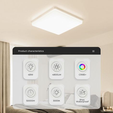 Plafonnier LED UFO Panel: 30CM 48W Carré Lampes de Plafond Moderne 3000K, 4800LM Luminaire Plafonnier Étanche IP44 pour Chambre, Salle De Bain, Salon, Cuisine, Bureau [Classe énergétique E] (1/5)