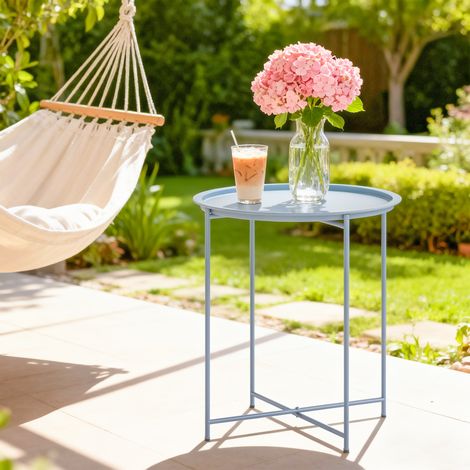 Table Basse Ronde Table d'Appoint Plateau Amovible avec Bord Relevé Pieds Pliables en Métal Ø46x53cm Bleu Gris