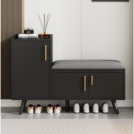 Panca portascarpe con contenitore a 3 ante e maniglie in metallo asimmetriche, nera, 100 cm (1/5)