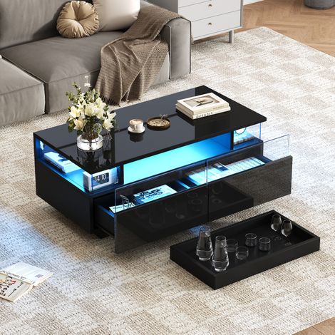 Table basse 90x45x35,5 cm noire en MDF, verre trempé et acrylique avec plateau amovible, 2 tiroirs et LED (1/5)