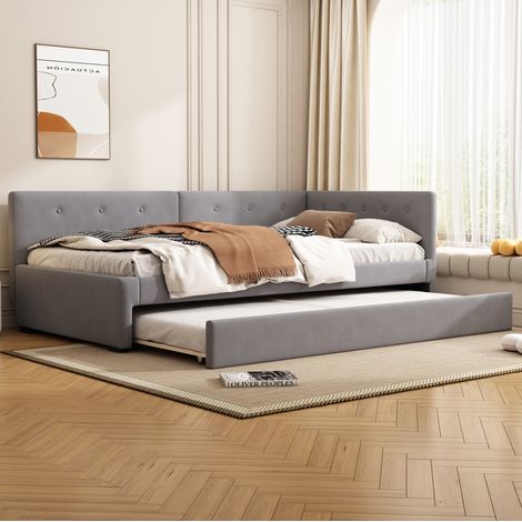 Lit 90x200 avec lit gigogne, velours gris OKMYHOME (1/5)