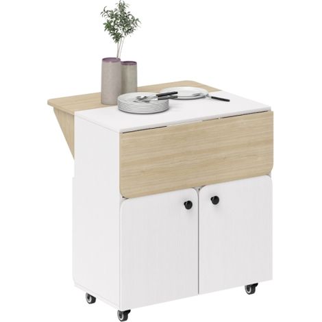 Table/meuble pliant avec deux côtés de table pliants, compartiment de rangement, 4 roulettes, blanc + bois naturel, 70 x 83 x 75 cm (sur place)