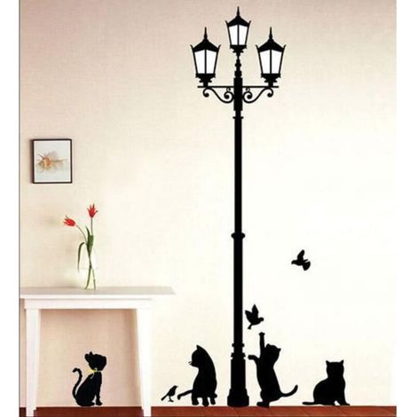 Adesivi murali a forma di gatto sotto un lampione + adesivo murale a forma di gatto per una casa creativa e personalizzata, camera da letto, soggiorno - Nero (1/4)