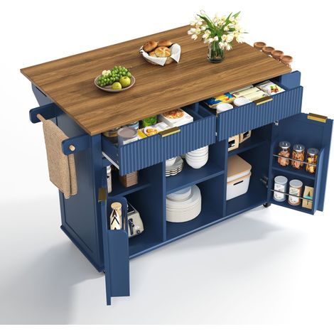 Îlot De Cuisine Sur Roulettes Avec Plateau Pliable, Desserte De Cuisine En Bois MDF Avec 2 Tiroirs Et Portes, Chariot Rangement 143cm Bleu (1/5)