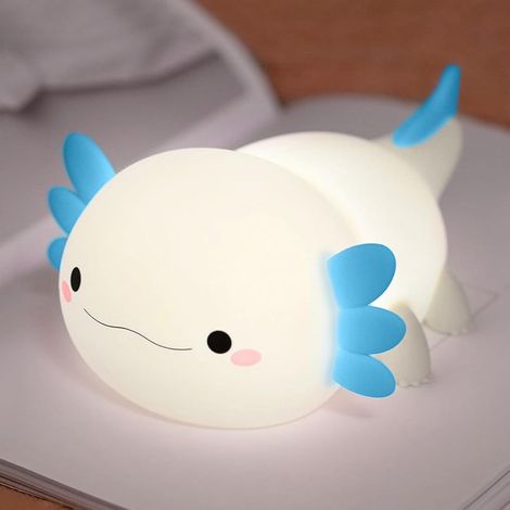 Veilleuse Axolotl Bleu, Lampe Chevet Silicone Souple Sans BPA Lampe Kawaii Sourire Adorable, 2 Niveaux Luminosité, Minuteur 20min, USB Rechargeable 1200mAh, 3000K, Cadeau Anti-Stress (1/4)