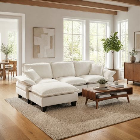 Modulares Ecksofa 264 x 155 x 90 cm aus beigem Chenille mit beweglicher Ottomane HAVRYA (1/5)