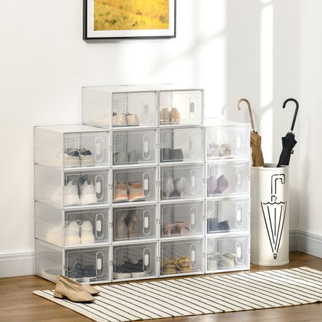 HOMCOM Boîtes à chaussures modulables, lot de 18 avec portes transparentes, 25x35x19cm, boîtes de rangement anti-poussière
