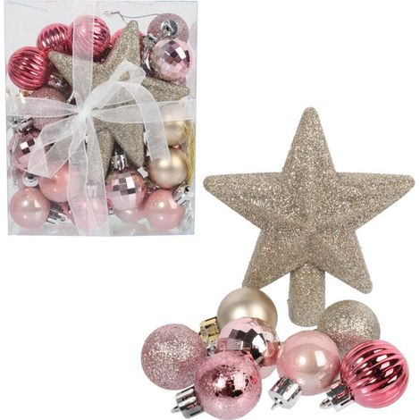 Set di 30 palline di Natale rosa di lusso con una stella in cima, perfette per decorare l'albero di Natale. (1/5)