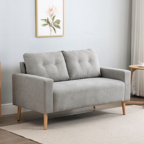 Sofá de 2 Plazas con 2 Cojines Reposabrazos y Patas de Madera de Caucho para Dormitorio Oficina 145x76x88 cm Gris (1/5)