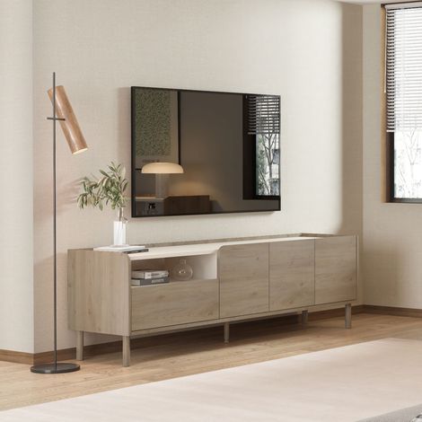 Meuble TV 3 portes 1 tiroir 180x44x55 cm effet chêne et crème - KRIDO (1/5)