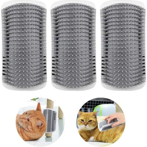（15.4×8.5×15.4cm）3 Pcs Grey Cat Brush, Cat Grooming Brush Wall-Mounted Corner Massage Comb with Catnip Catnip for Cat Self-Hair Removal for Long and Short Fur Cat Dogs