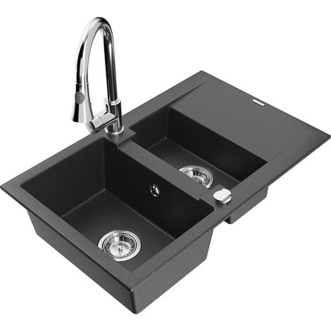 Mexen Gaspar lavello in granito a 1,5 vasca con gocciolatoio e rubinetto da cucina Elia, nero maculato - 6507-76-670101-00 (1/5)