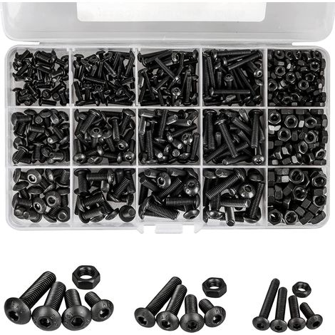 Kit de 500 écrous et boulons en alliage d'acier – M3, M4, M5, tête cylindrique, boulons à six pans creux noirs et écrous avec boîte de rangement (1/5)