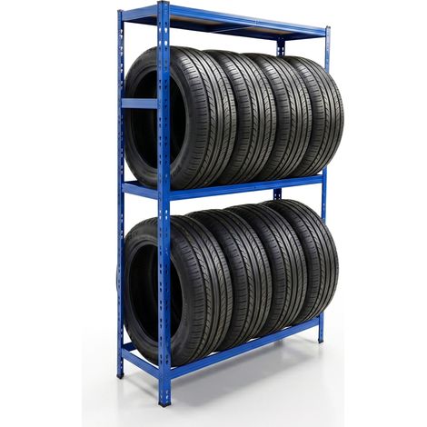 Relaxdays tyre rack for 8 tyres, HxWxD 180 x 120 x 40 cm, 450 kg, steel, plug-in system, garage storage, blue