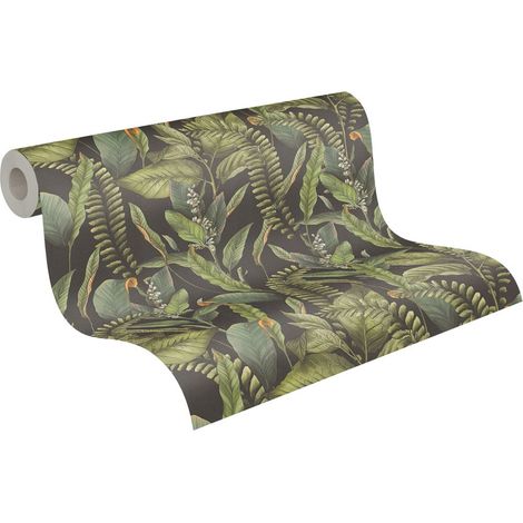 Papier peint intissé nature floral Tapisserie style tropical jungle Papier peint feuillage vert sur fond noir idéal chambre et salon (1/5)