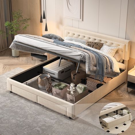 Dans Les Nuages – Lit coffre 160x200 cm avec 2 tiroirs de rangement – Cadre en métal – Sommier à lattes en bois – Rembourré en velours beige (1/5)