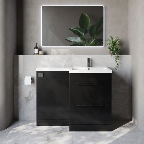 Napoli 460 Matt Black 1100mm 2 Drawer Vanity Unit Toilet Suite with Right Hand Square Lucia Basin - 1100mm - Gunmetal Grey 320mm HandleWithout Kingston Toilet Pan