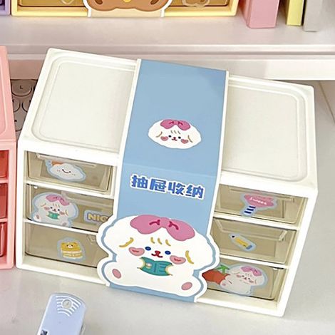 Neue Aufbewahrungsbox mit sechs Fächern, großes Fassungsvermögen, ideal für Notizbücher, Kosmetikartikel und Schreibwaren, zweifarbige Schubladenbox, weiß. (1/5)