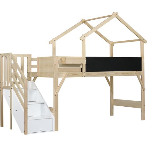 Letto a castello per bambini 90 x 200 cm con tetto, lavagna e scala contenitore (1/5)