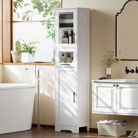 Colonne salle bain Blanc porte verre étagères réglables tiroir petits espaces 40x31x170 cm