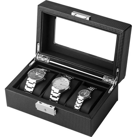 Boîte de rangement pour montres à 3 emplacements, avec couvercle en verre transparent et coussinets amovibles (Noir) (1/5)