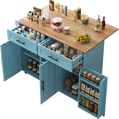 ELVMI Küchensideboard mit 2 Schubladen, 3 Fächern und Klappplatte, Rollen und Füßen, Blau, 129×71×91,5 cm (1/5)
