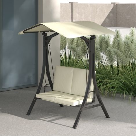 Chaises longues de jardin balançoire 2 places métal et polyester crème blanc, toit pare-soleil réglable, 150x120x182 cm (1/5)