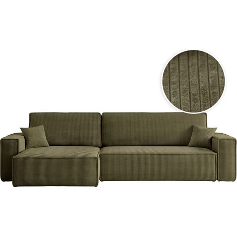 Loungitude – Canapé d'angle convertible 5 places – Réversible avec coffre de rangement – Velours côtelé vert kaki – Idéal pour grands salons (1/5)