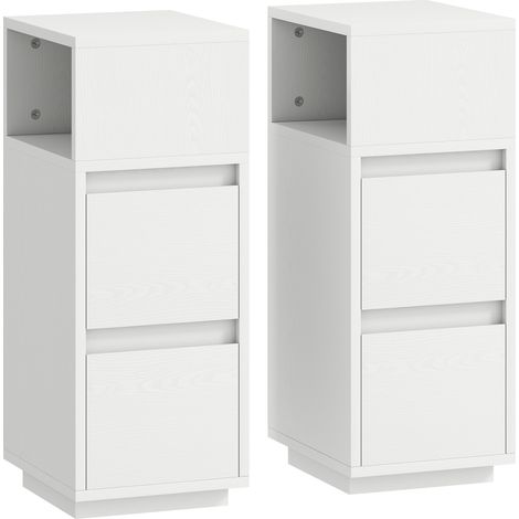 Set di 2 Comodini 25x30x65 cm con 2 Cassetti e Ripiano Aperto Salvaspazio in Legno Bianco (1/5)