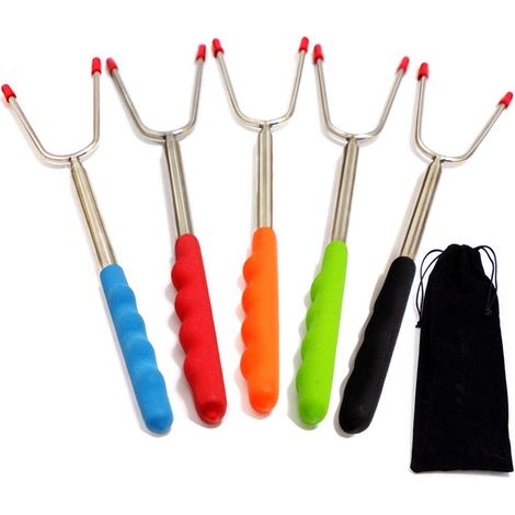 Fourchette à barbecue télescopique en acier inoxydable avec manche, extensible de 29 à 115 cm, pour barbecues, feux de camp et camping.