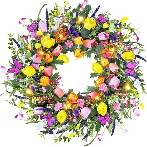 Couronne de tulipes artificielles LED multicolores, idéale pour le printemps et l'été, Pâques, les fêtes et les célébrations. (1/5)