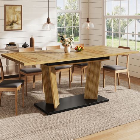 Table à manger extensible, effet bois massif, piètement stable avec pieds antidérapants réglables, gain de place pour cuisine, chêne (1/5)