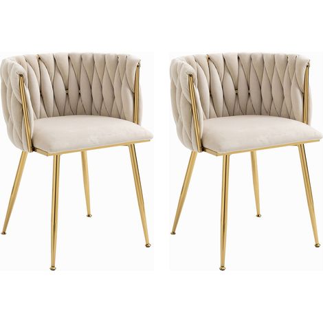 Lot de 2 chaises dossier tressé en velours beige et métal doré (1/5)