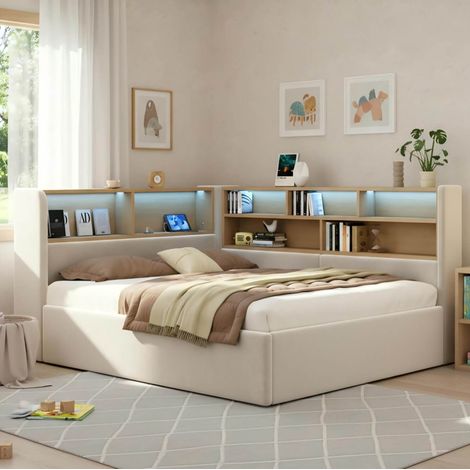 Cama diván 140x190 cm con arcón hidráulico, LED, USB, terciopelo beige OKWISH (1/5)