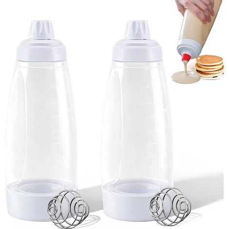 Lot de 2 Distributeur de Pâte à Crêpes avec Boule de Mélange Gâteau de Crêpes Outil de Boulangerie Bouteille à Presser pour Préparer Pancakes Gaufres (1/5)